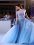 Ball Gown Tulle V Neck Prom Dresses With Appliques Sweep Train Detachable LBQ0274